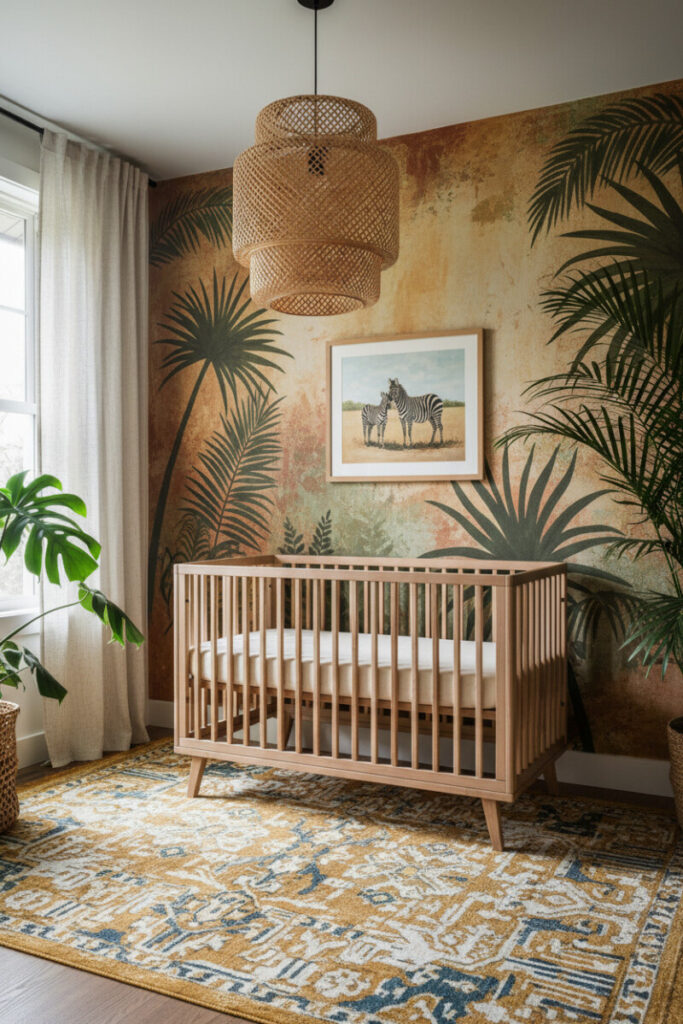 Hand-painted jungle mural with light wood crib, raffia pendant, vintage zebra artwork, and layered tropical houseplants—cinematic jungle nursery ideas.