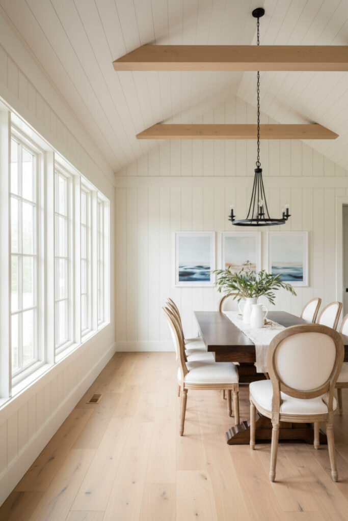 Bright dining room with blonde shiplap vault, slim beams, and wrought-iron chandelier—refined Shiplap Ceiling Designs and shiplap ceiling designs with beams.