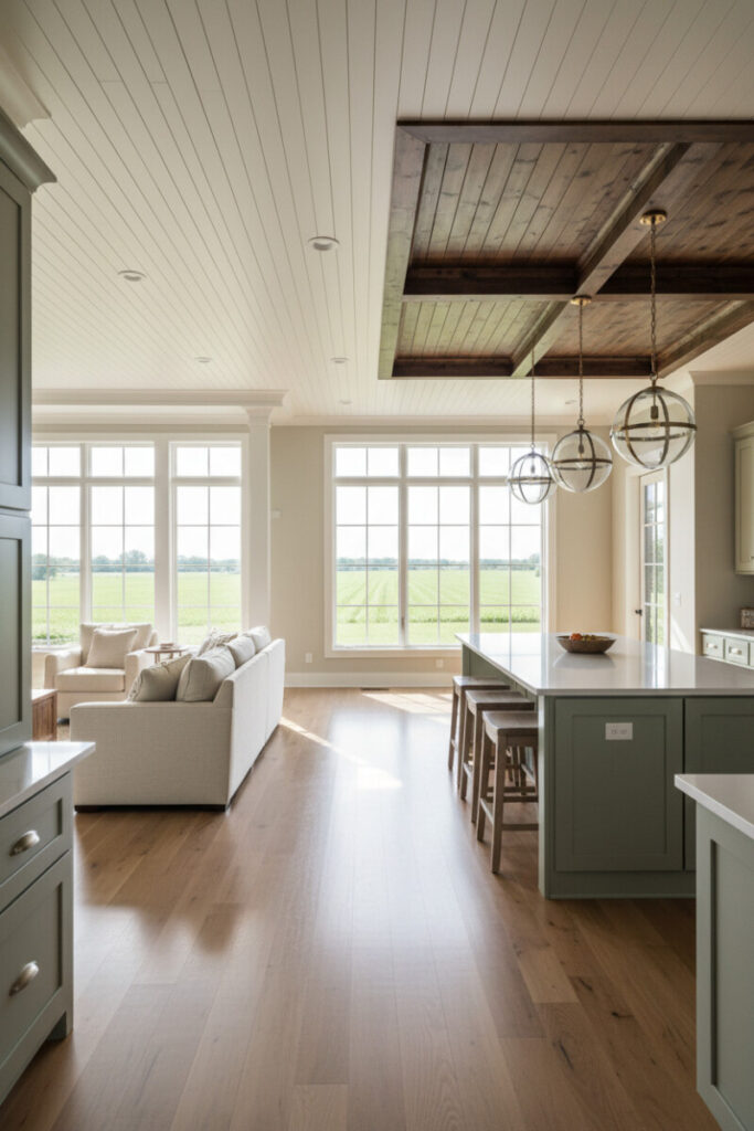 Open great room where cream perimeter shiplap frames a walnut coffer above the island—Zoned Shiplap Ceiling Designs showcasing painted shiplap ceiling ideas.