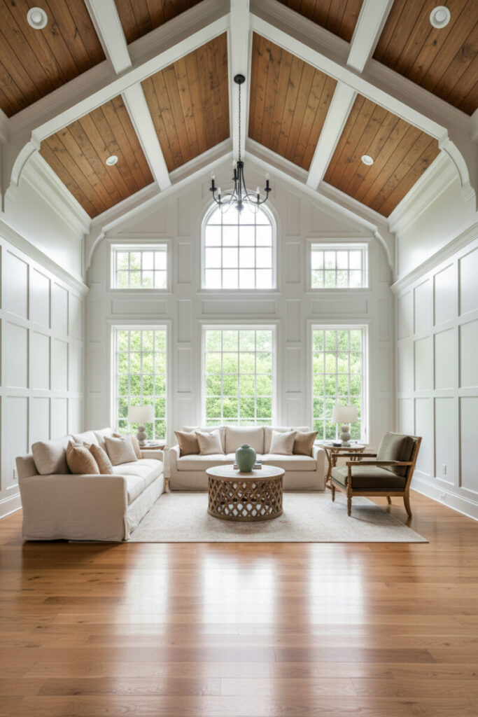 Living room with dark walnut shiplap between massive white coffers, triple windows, and linen sofa—wood beam ceiling styles within bold Shiplap Ceiling Designs.