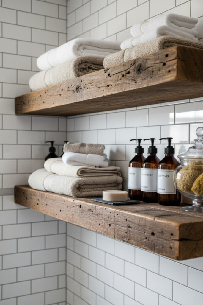 Thick reclaimed barn-wood floating shelves on shiny white subway tile, stacked towels and amber apothecary pumps.