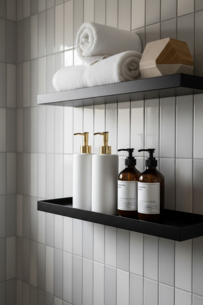 Matte black floating tray shelves holding white and amber pump bottles on gloss subway tiles.