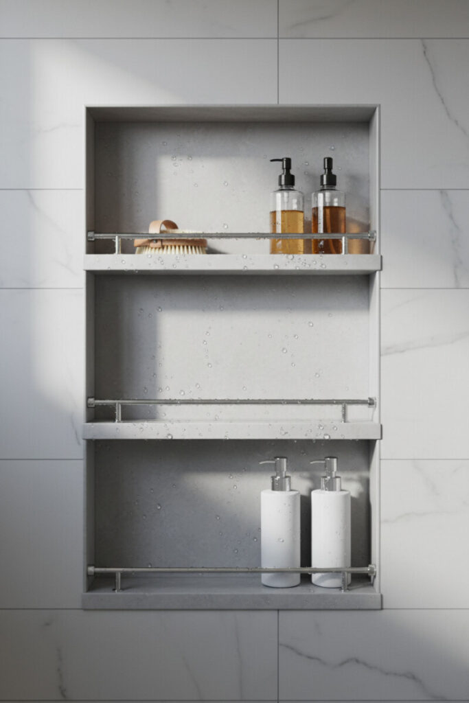 Minimalist recessed two-tier shower niche in Carrara with chrome rails and amber pumps, a clean take on Shower Shelf Ideas.