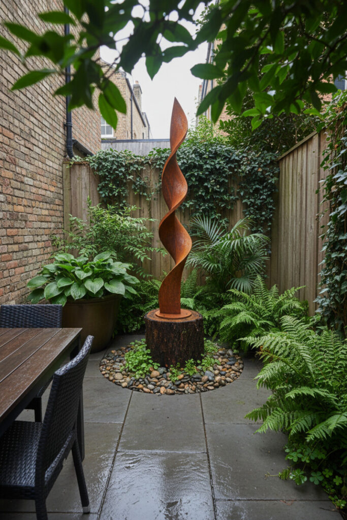Photorealistic small urban patio with a rusty Cor-Ten steel sculpture on a mossy stump, river stones, hostas and ivy, wet gray flagstones—great small patio ideas for privacy.