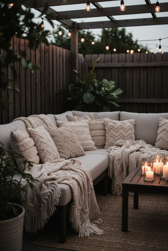 Scandinavian hygge corner with L-sectional, cable-knit throws, macramé pillows, pillar candles, and dark wood fence—cozy Small Patio Ideas for privacy.