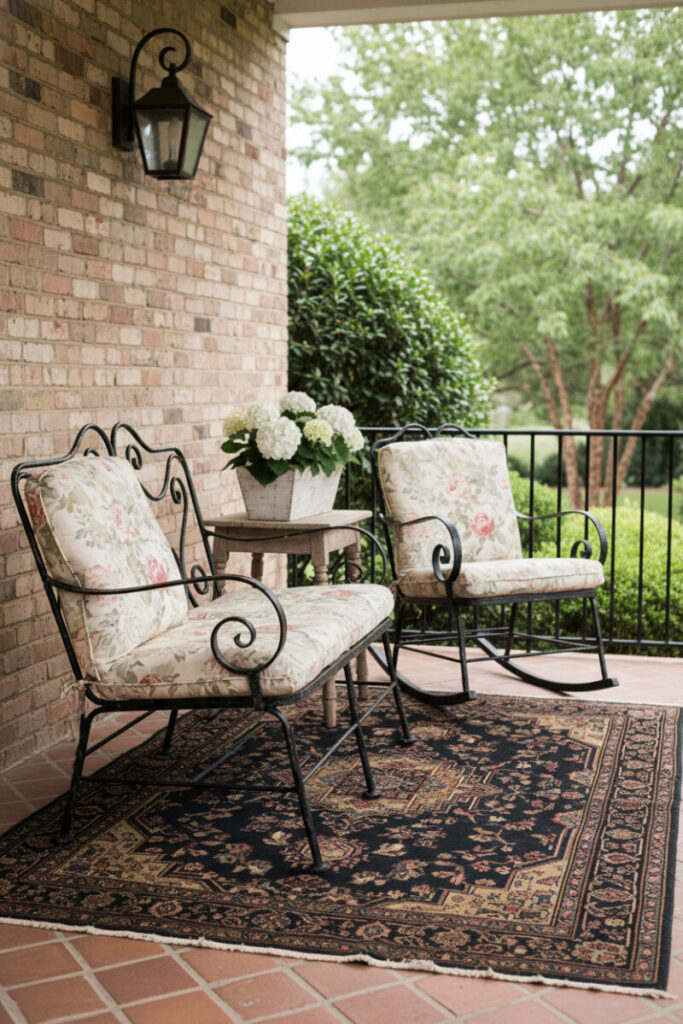 Vintage porch vignette with ornate wrought-iron settee and rocker, faded floral cushions, Persian-style rug on terracotta pavers, brick wall and lantern—nostalgic Small Patio Ideas.