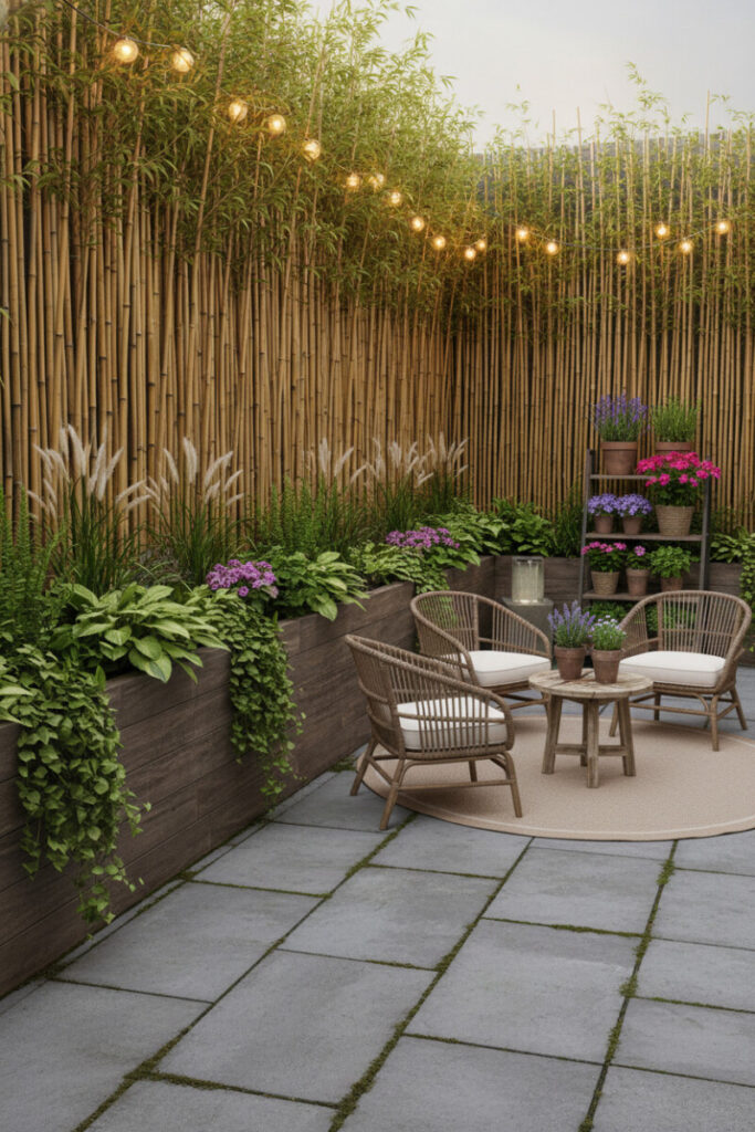 Bamboo privacy wall with warm Edison bulbs, rattan chairs on gray pavers and moss joints—intimate twilight corner, part of Terrace Garden Ideas.