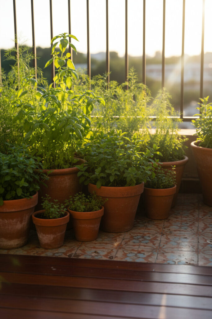 Clustered terracotta herb pots of basil, mint, and dill on mixed wood-and-tile floor with dramatic railing shadows—ideal for small balcony terrace garden ideas.