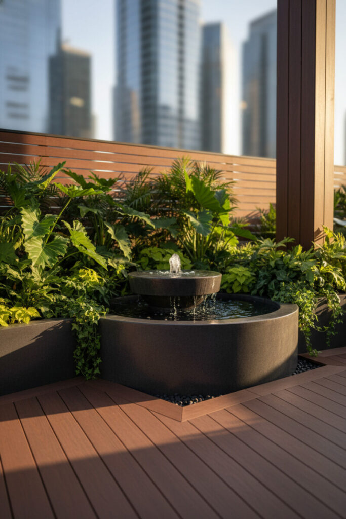Corner fountain with dark slate bowls, rippling water surrounded by lush tropical leaves on mahogany decking.