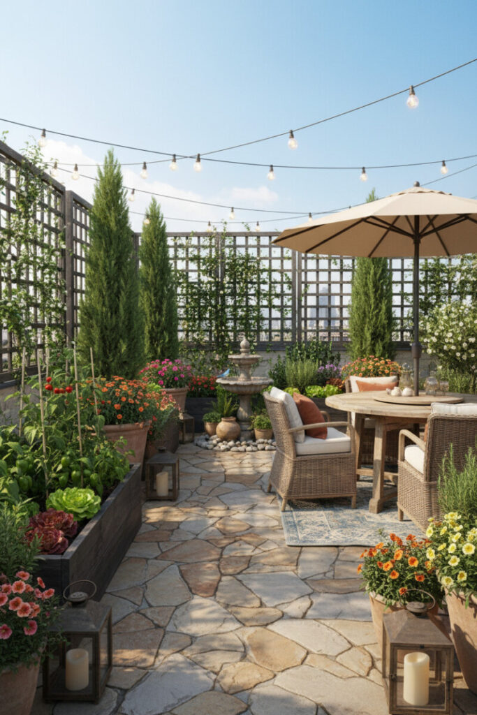 Rooftop dining scene with round weathered table, woven chairs, market umbrella and vine-covered trellises under string lights—Terrace Garden Ideas.