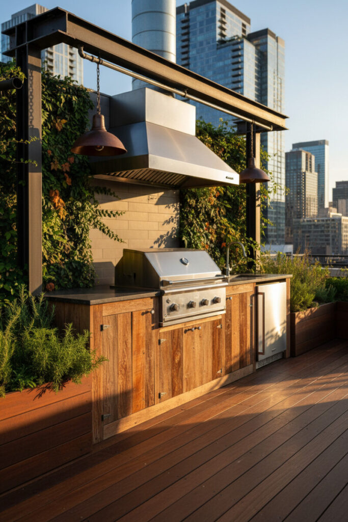 Outdoor kitchen of reclaimed wood cabinetry, matte black stone countertop and stainless grill backed by a living wall at golden hour—rooftop garden tips.