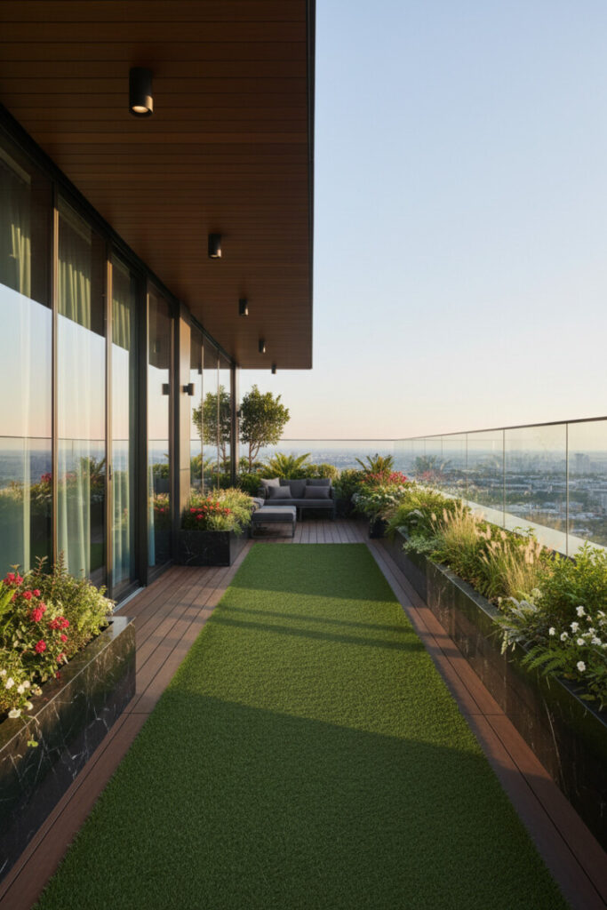 Narrow rooftop lawn of deep emerald synthetic turf bordered by dark decking and black planters with red-and-white blooms—contemporary Terrace Garden Ideas.