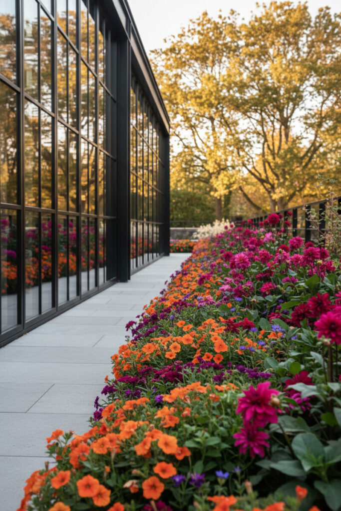 Explosive border of marigolds, dahlias and violet bedding plants alongside black-framed glass wall and light gray pavers.