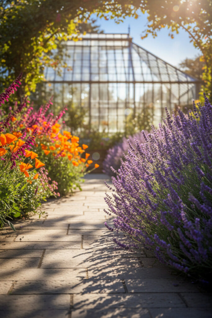 Sensory path lined with overflowing lavender spikes, poppies and salvias casting dappled shadows on pale stone.