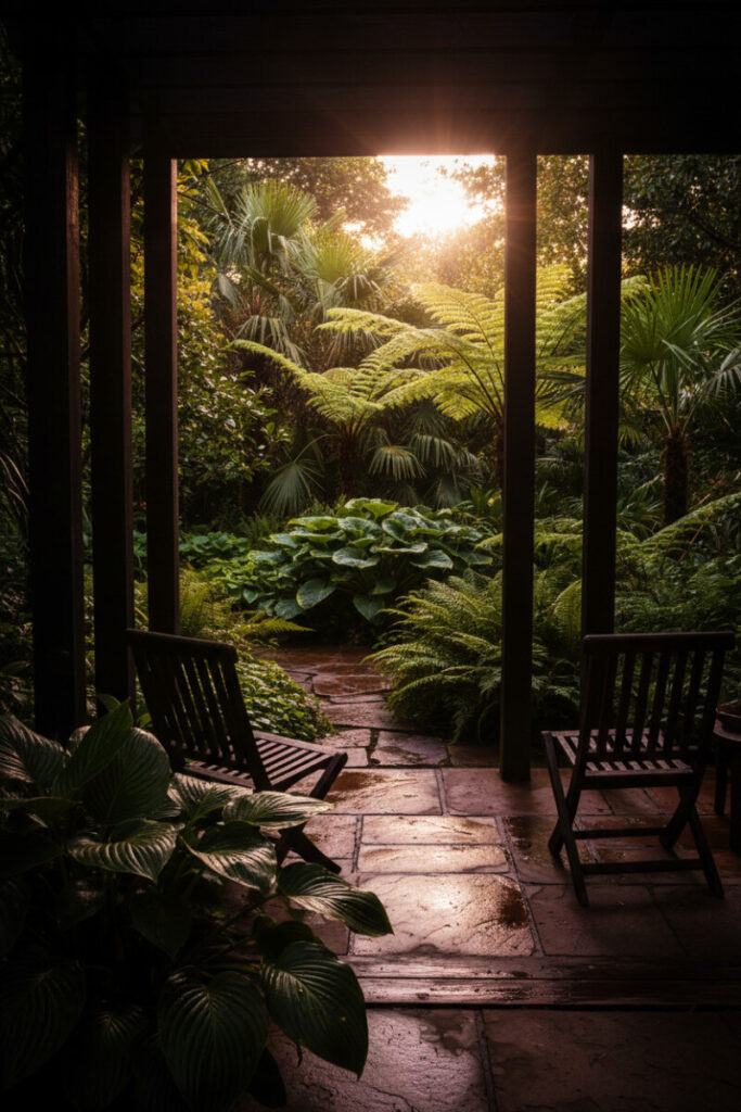 Pergola-framed transition from shaded glossy leaves to sunlit hostas and ferns over wet flagstones—serene Terrace Garden Ideas.