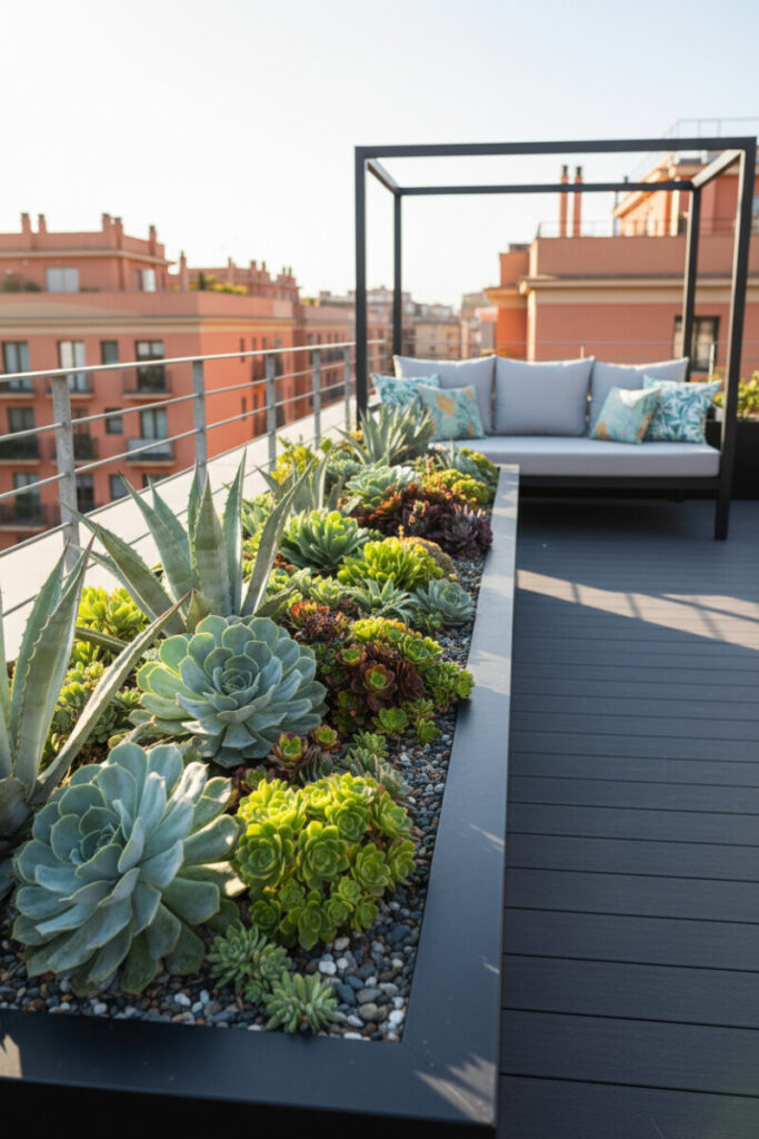 Long matte-black planter packed with echeveria, sempervivum and agave rosettes beside modern daybed—showcasing low-maintenance terrace plants.