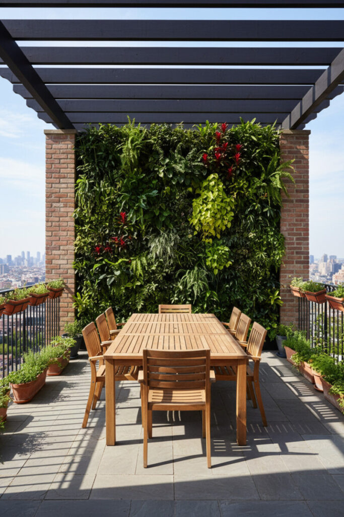 Full-height vertical living wall of ferns, pothos and red bromeliads behind teak dining set under pergola shadows—urban terrace design at its lushest.