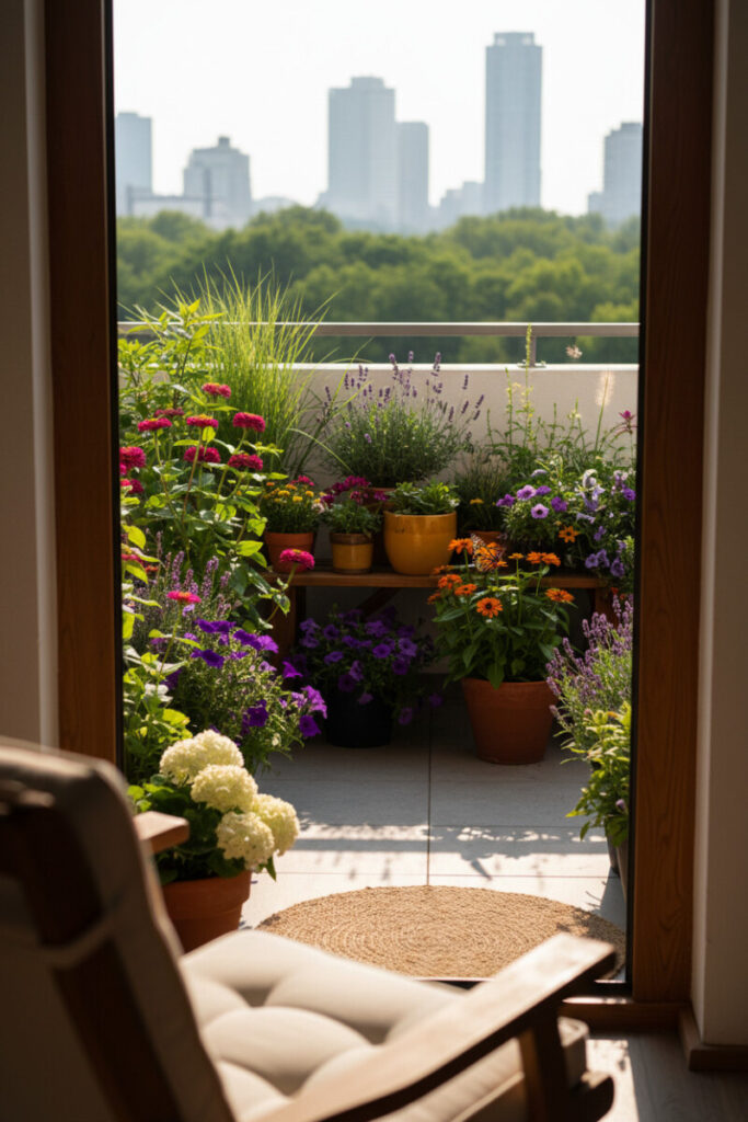 Wildlife-friendly balcony packed with zinnias, petunias, grasses and coneflowers, monarch butterfly alighting near a sisal rug—great for small balcony terrace garden ideas.