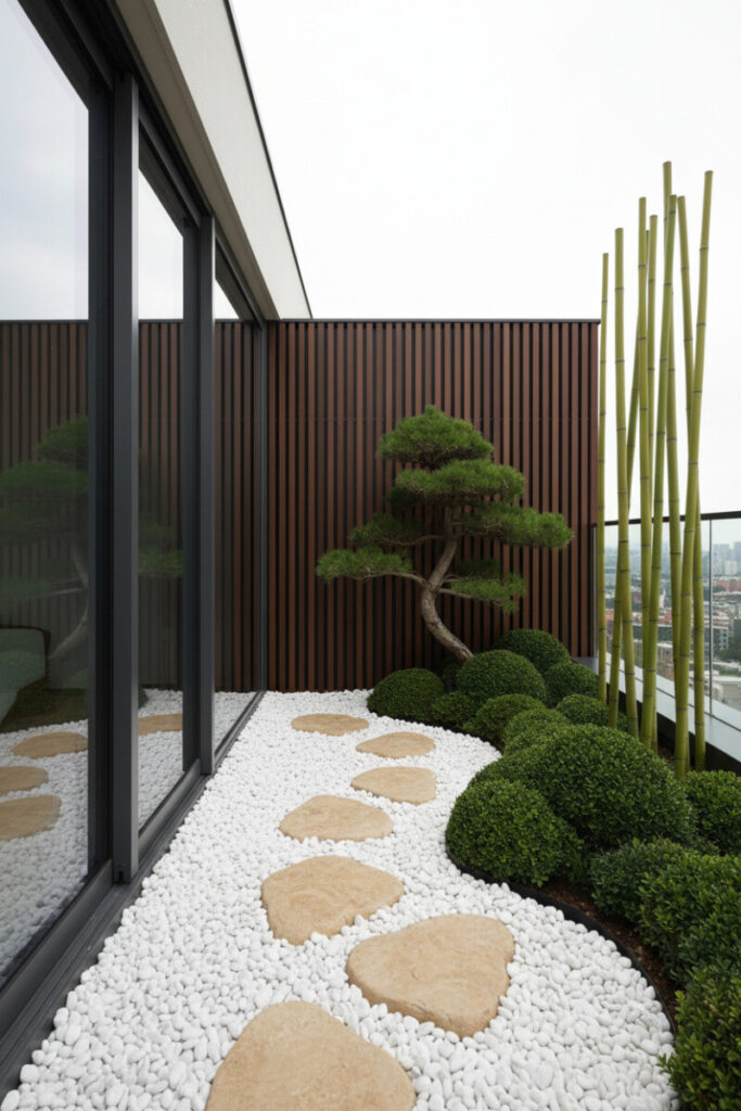 Zen terrace with white river pebbles, tan stepping stones, slender bamboo, clipped box and trained pine against wooden slat screen—refined Terrace Garden Ideas.