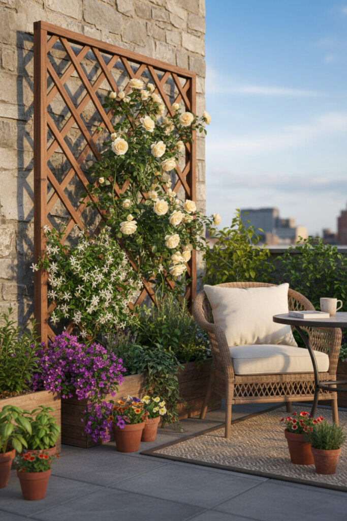 Stone wall with diagonal climbing trellis of yellow roses and star jasmine beside rattan lounge and bistro table at golden hour.