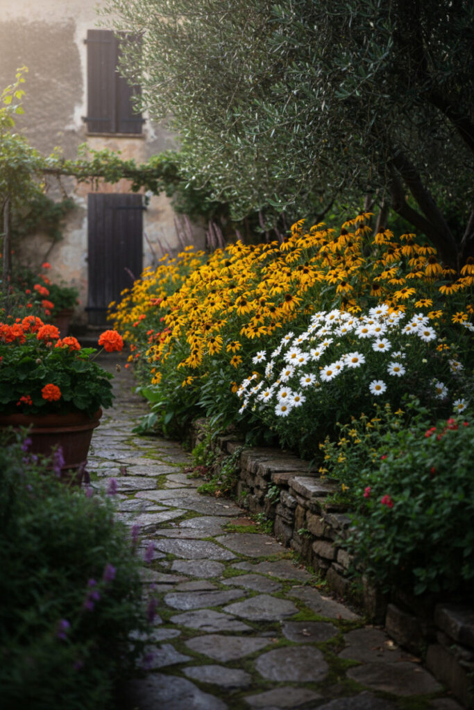 Cottage-style raised bed of Rudbeckia and Shasta daisies along mossy flagstone path near old stucco wall.