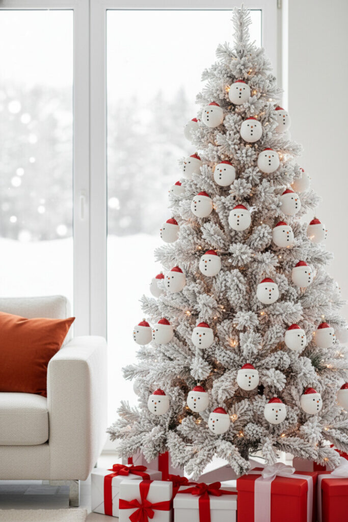 Close-up of flocked white tree dotted with glossy white ceramic snowman ornaments, warm fairy lights and red-ribboned gifts.