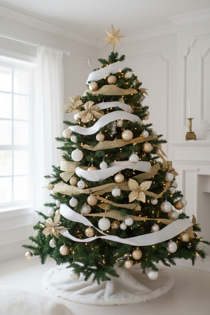 Deep green fir with wide white satin ribbons interwoven with gold mesh, pearl-white and mirrored ornaments, glittering starburst topper.