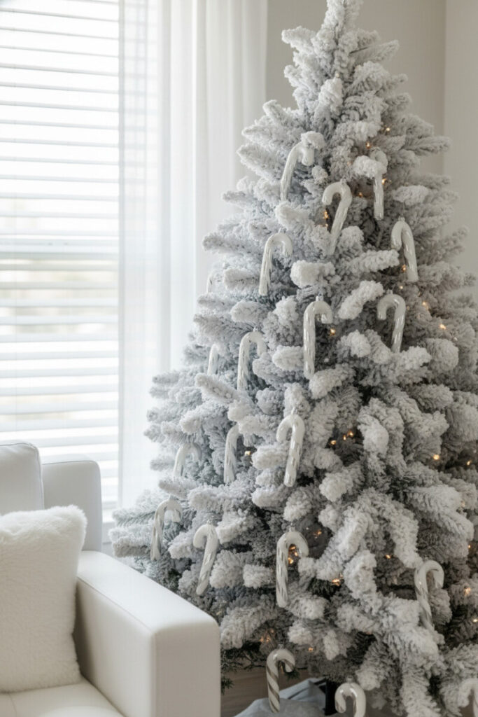 Densely flocked tree adorned with pristine white and silver candy cane ornaments, bright daylight through blinds.