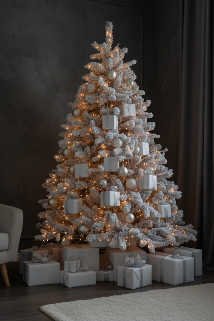 Dramatic studio scene of white tree glowing with LEDs, miniature white gift box ornaments and piles of white-and-silver presents—monochrome white Christmas tree decorations.