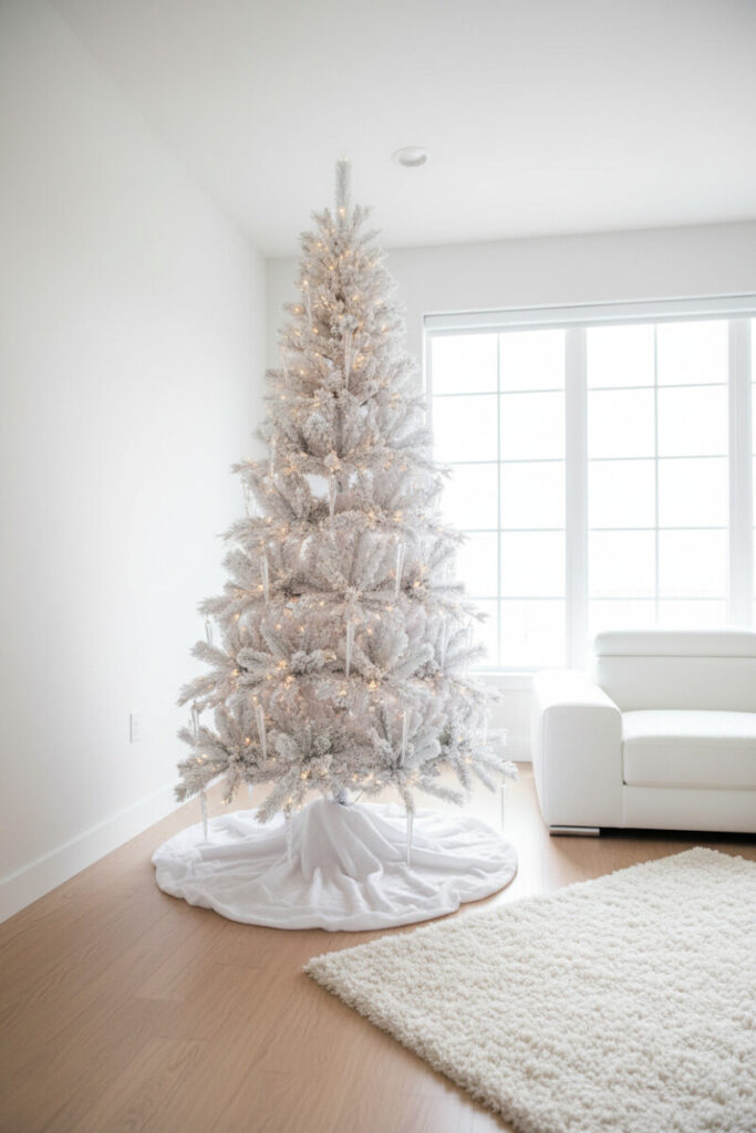 Tall slender flocked tree with reflective white and silver icicle ornaments, high-key backlight from floor-to-ceiling window.