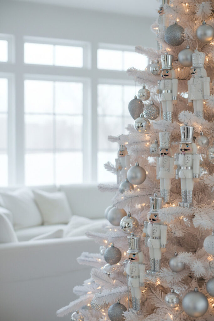Macro of snowy white tree featuring elegant white and silver nutcracker ornaments among glossy silver and matte white baubles—White Christmas Tree Decorations.