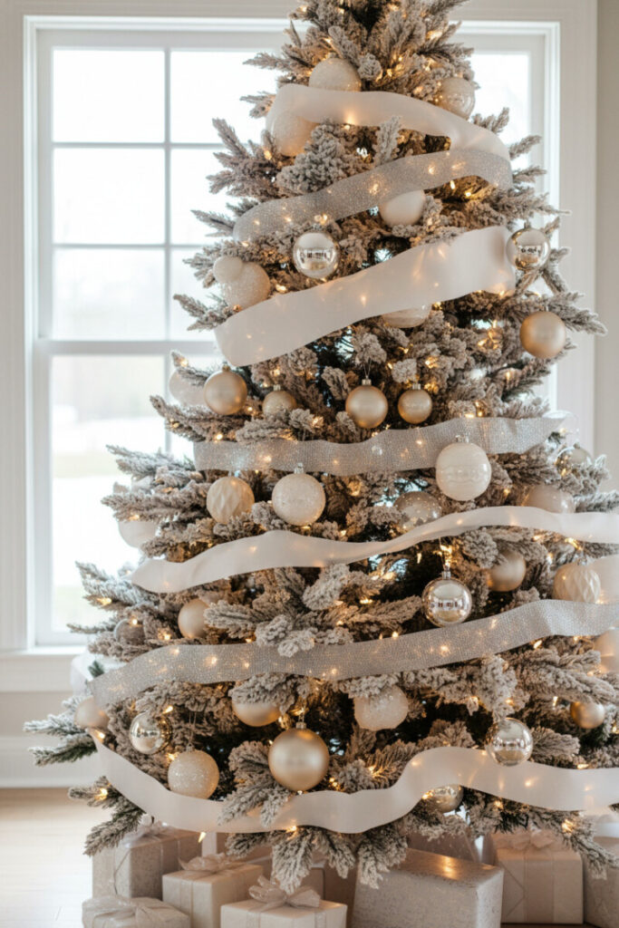 Close-up of dark green branches with matte white, champagne, cream, and mirror-silver balls plus alternating sheer silver mesh and white satin ribbons.