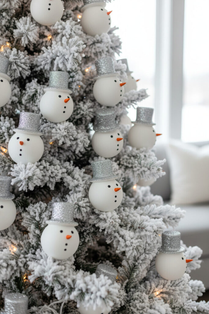 Extreme macro of identical white snowman head ornaments with glittery silver bucket hats on a heavily flocked tree—white Christmas tree ideas.
