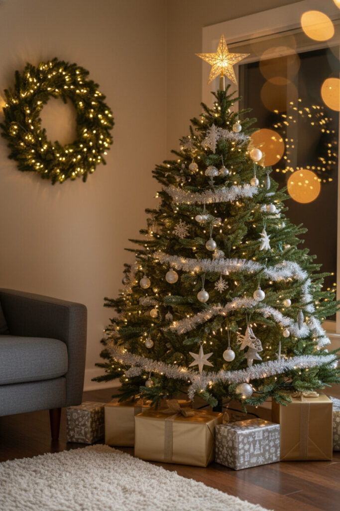 Cozy living room tree draped in reflective white and silver tinsel, white ornaments, and a polished gold star; wrapped gifts below.