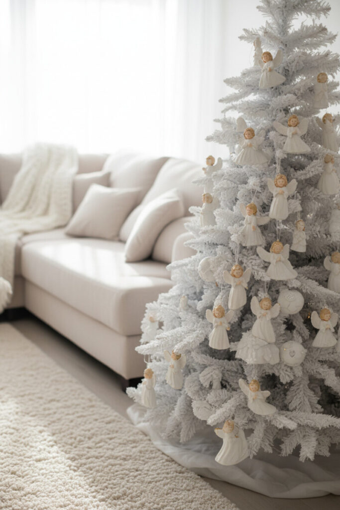 Minimalist white scene with flocked tree adorned by glossy ceramic white angel figurines and fluffy white pom-poms—winter white holiday decor.
