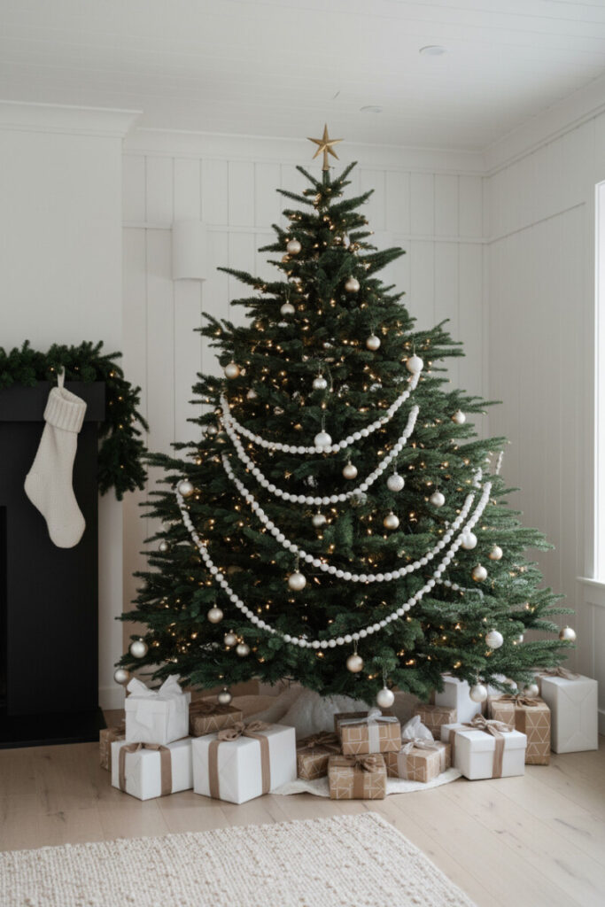 Dense forest-green tree with matte white wooden beaded garland, warm fairy lights, and mixed metallic baubles—white Christmas tree ideas.
