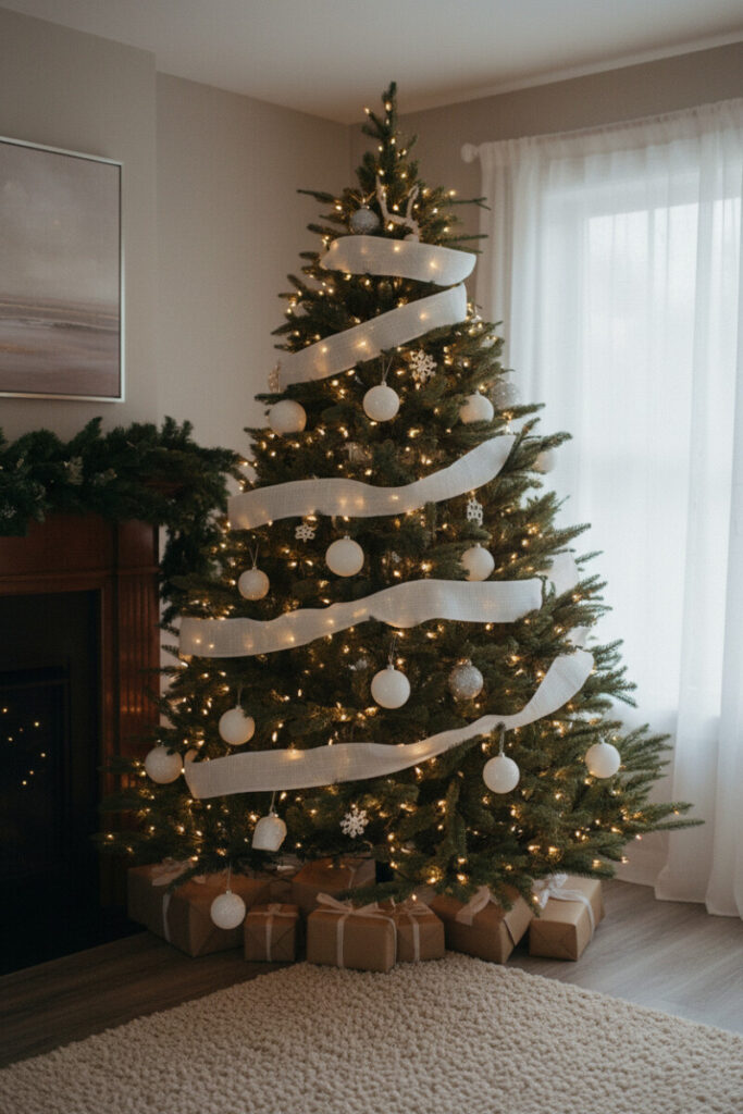 Evergreen lit with micro fairy lights and wide white burlap ribbons; matte white and light silver ornaments; kraft gifts on beige rug.