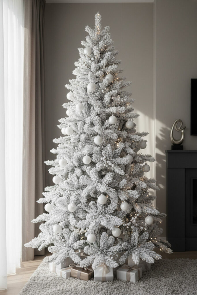 Thickly flocked tree woven with white frosted berry decor and matte white spheres; soft greige room and tall window—monochrome white Christmas tree decorations.