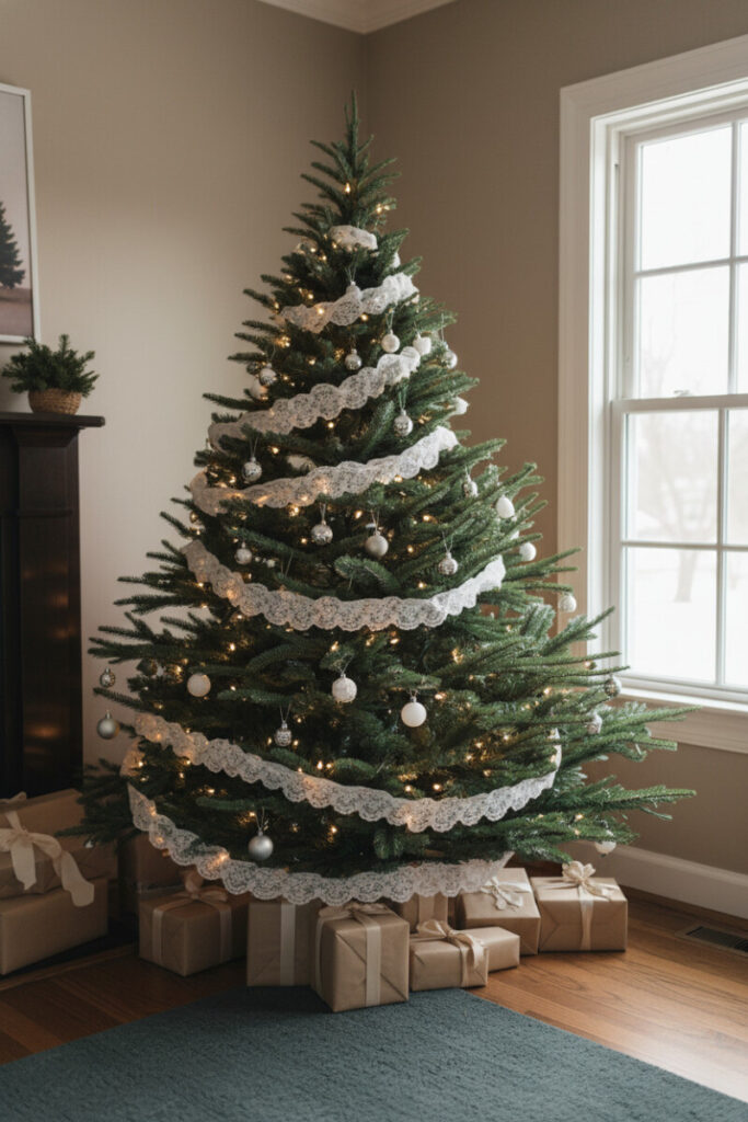 Traditional evergreen spiraled with delicate white lace ribbons, sparse matte off-white and silver baubles, gentle warm lighting.