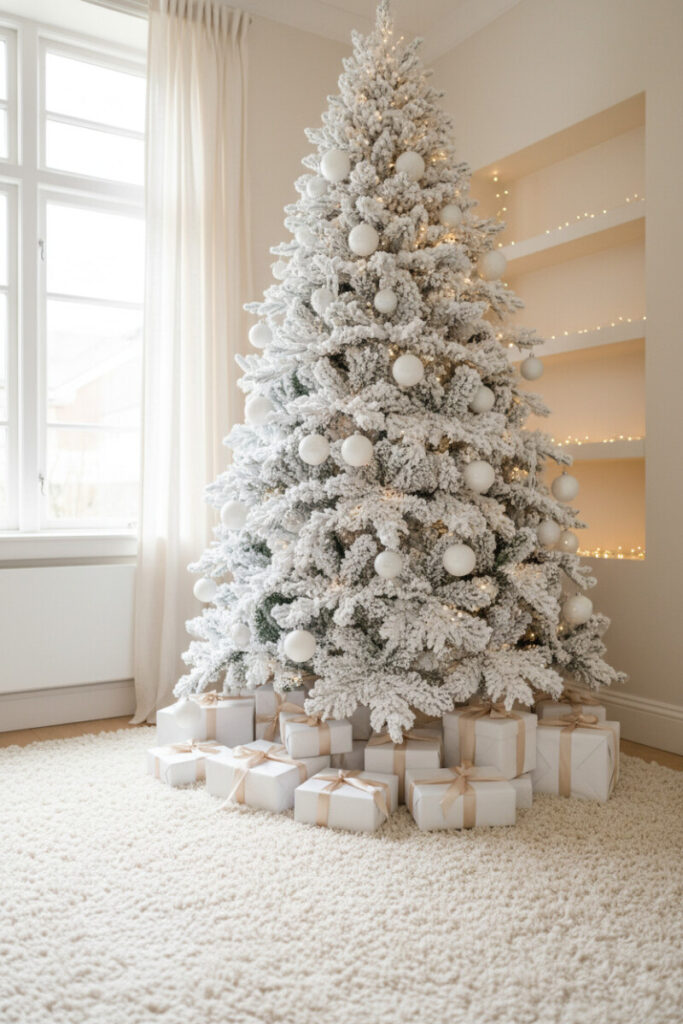 Bright minimalist corner featuring a heavily flocked tree decorated exclusively with smooth white ornaments; white and gold wrapped gifts below.