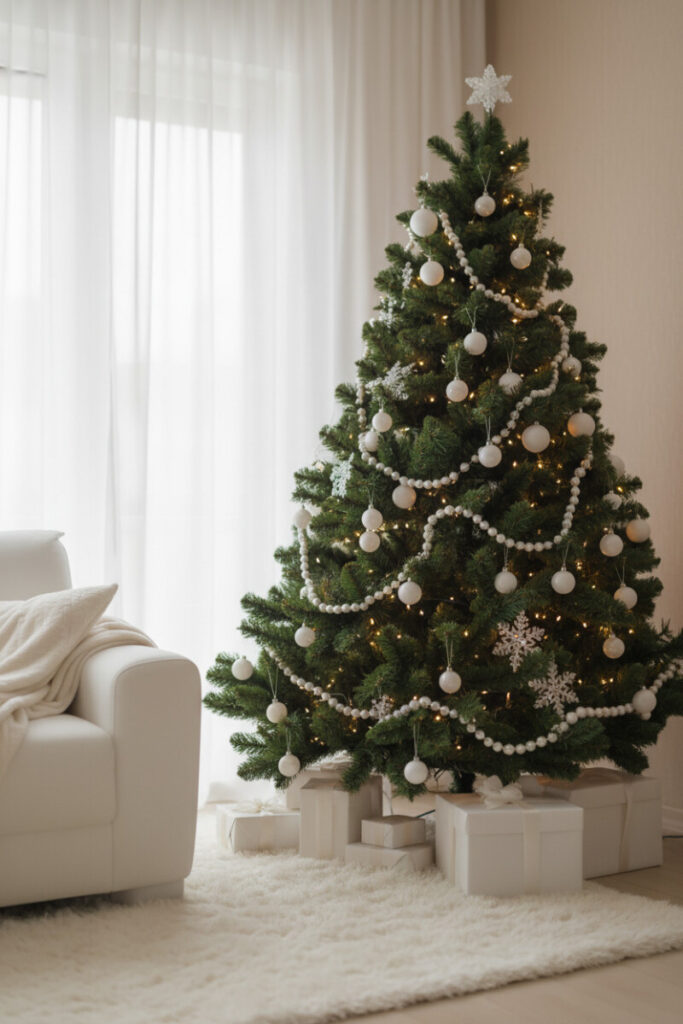 Dark emerald tree with cascading white pearl beads, assorted white ornaments, soft golden glow and plush faux-fur rug—White Christmas Tree Decorations.