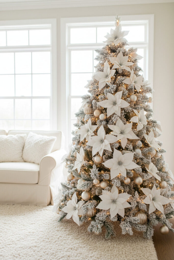 Snow-dusted tree packed with large white fabric poinsettias, warm LEDs, and scattered matte gold and frosty white balls—winter white holiday decor.