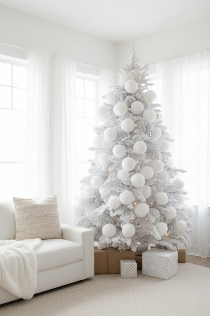 Heavily flocked white tree trimmed only with large fuzzy white pom-pom ornaments and pom-pom garland; stacked neutral gifts.