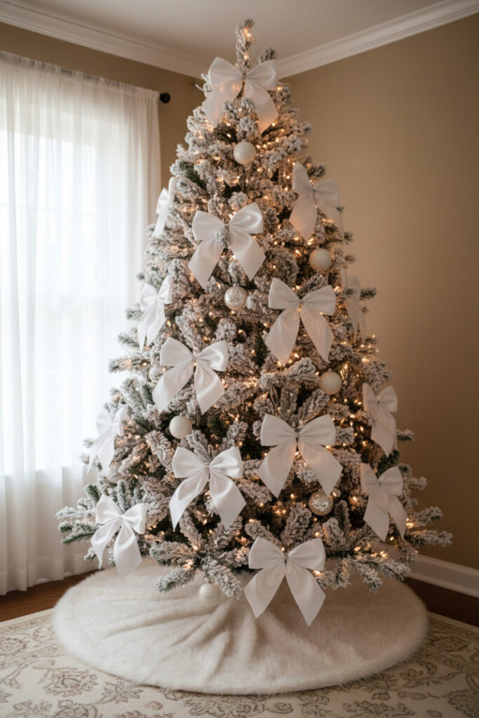 Frosted evergreen featuring oversized white satin holiday bows, subtle pale-silver ornaments, and star-like bokeh lighting—white Christmas tree ideas.