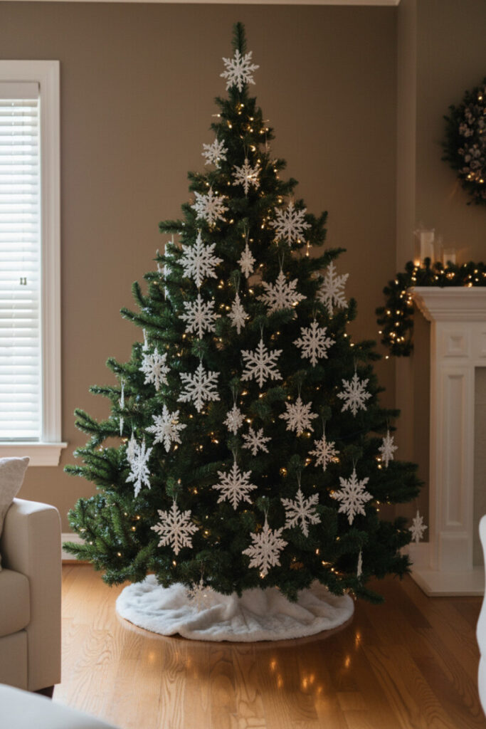 Lush dark green tree covered exclusively with white snowflakes in various sizes, warm LEDs, plush white tree skirt.