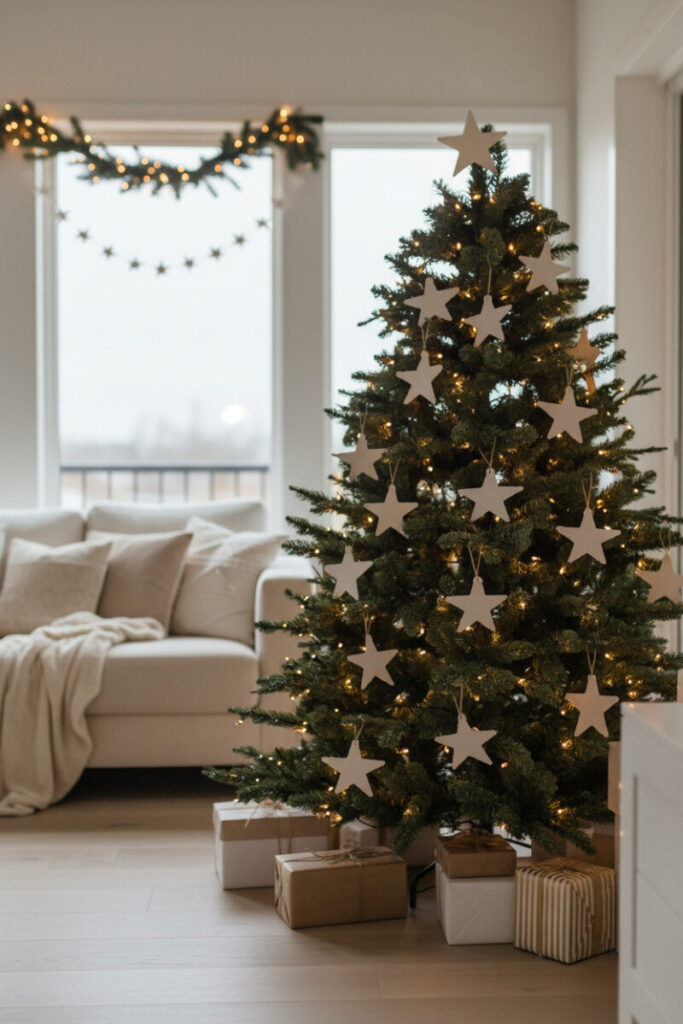 Close-up of tree illuminated with amber lights and uniformly spaced minimalist matte white star ornaments; glowing window bokeh.