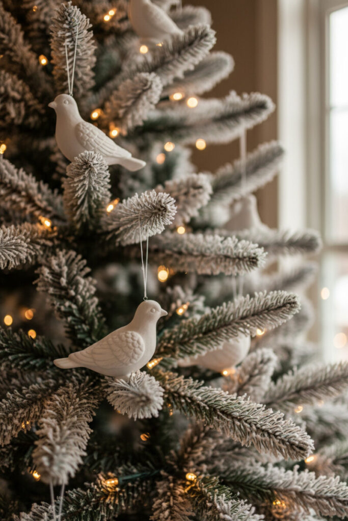 Macro of white turtledove bird ornaments perched among flocked branches and golden bokeh lights—White Christmas Tree Decorations.