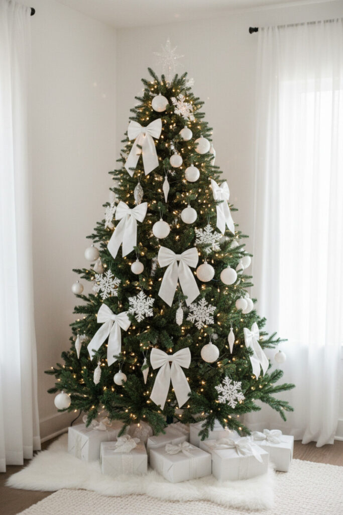 HDR scene with dark green tree adorned by large white velvet bows, polished silver and matte white baubles; plush white skirt—winter white holiday decor.