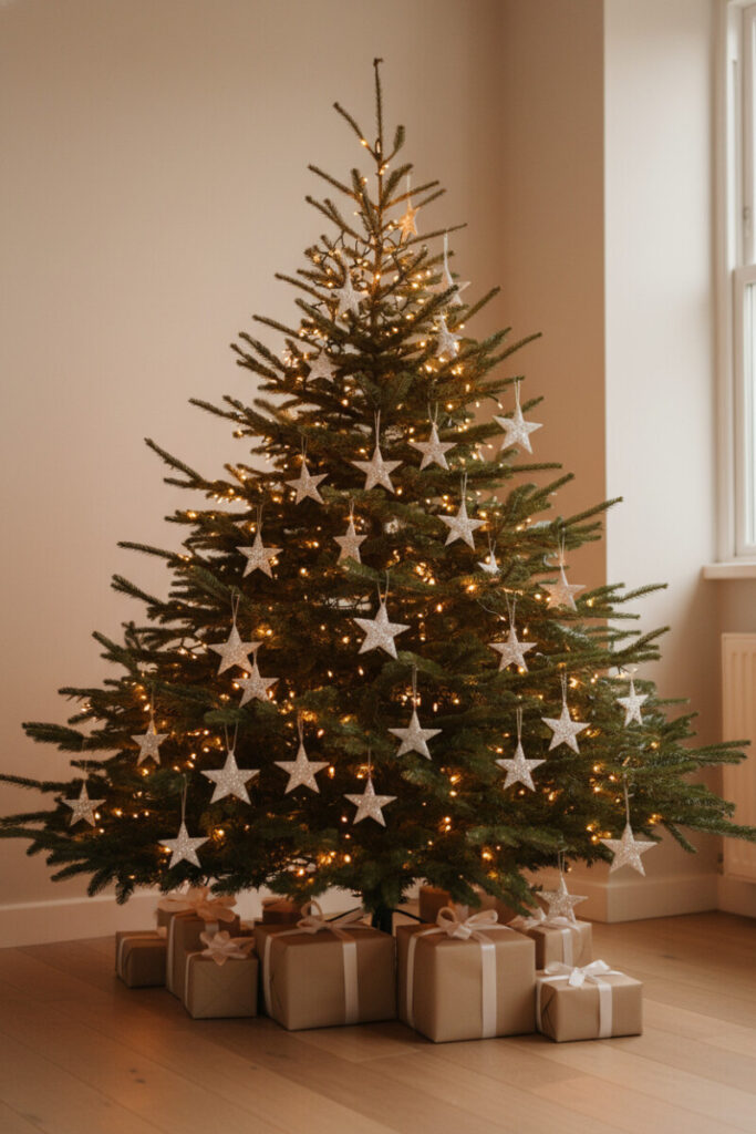 Elegant fir filled with sparkling white-silver star ornaments and amber lights; champagne-wrapped gifts on warm wood floor—white and silver Christmas tree theme.