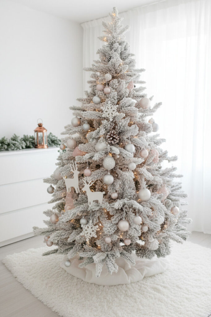 Luxurious flocked white tree in a modern Winter Wonderland Theme with glossy white, frosted silver, blush rose gold baubles, pinecones, and wooden snowflakes—monochrome white Christmas tree decorations.